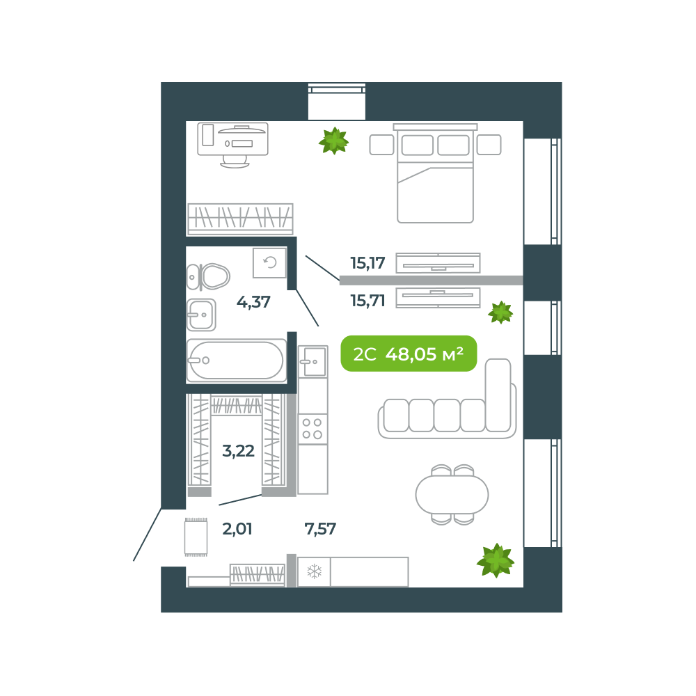 2-комнатная, 48.05 м², № 62 в Botanica (Ботаника)