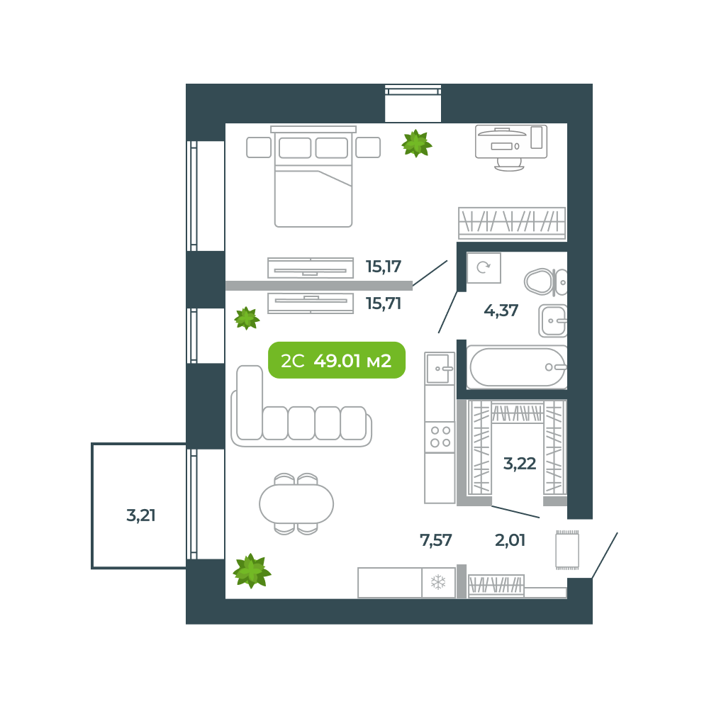 2-комнатная, 49.01 м², № 16 в Botanica (Ботаника)