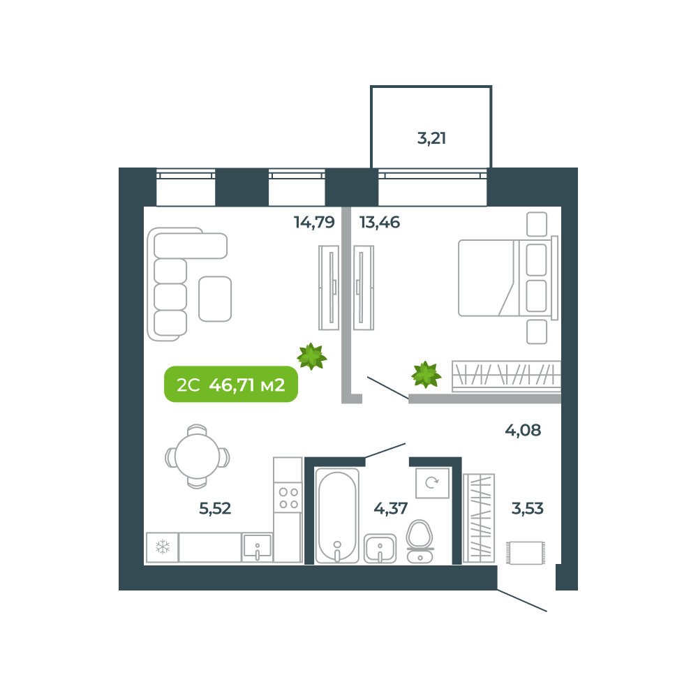2-комнатная, 46.71 м², № 73 в Botanica (Ботаника)