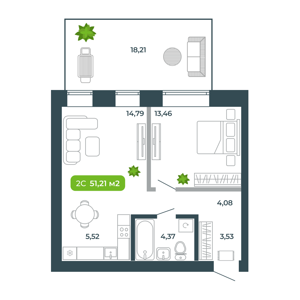 2-комнатная, 51.21 м², № 59 в Botanica (Ботаника)