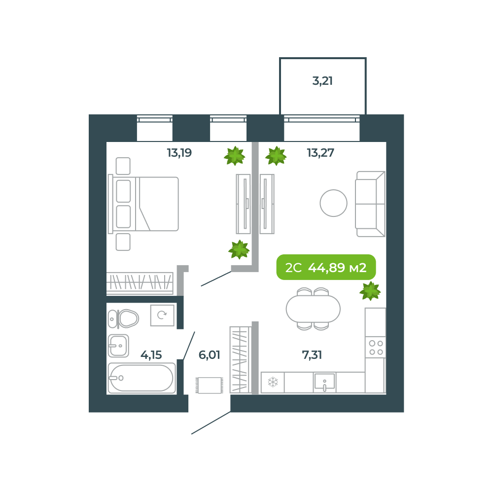 2-комнатная, 44.89 м², № 47 в Botanica (Ботаника)