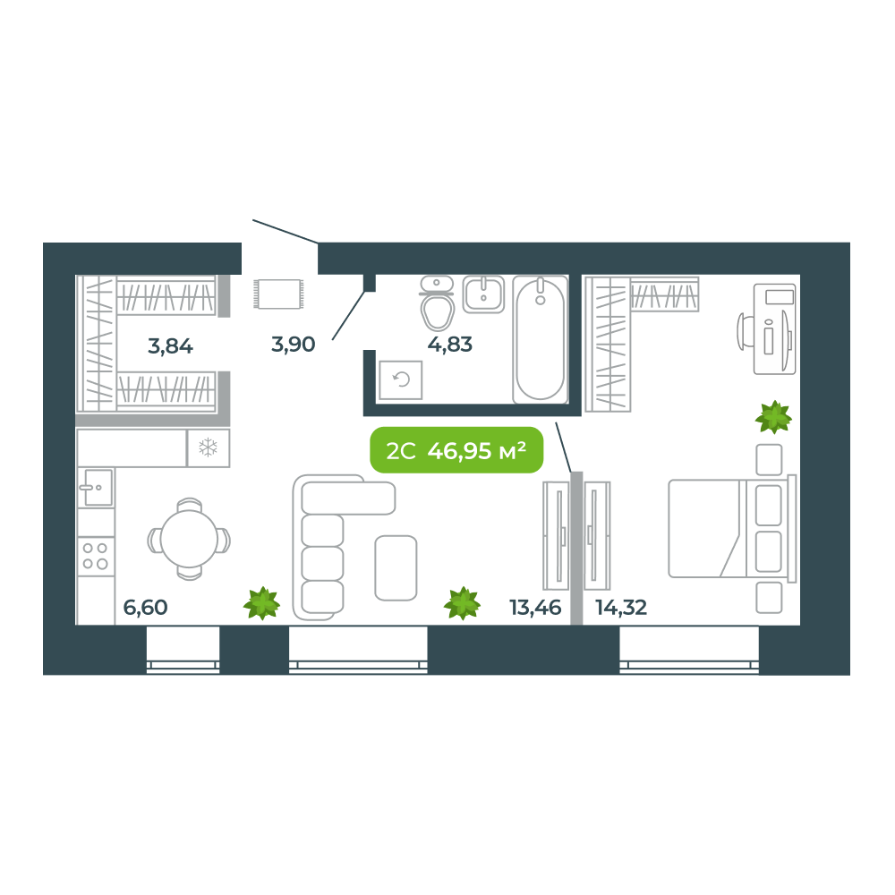2-комнатная, 46.95 м², № 63 в Botanica (Ботаника)