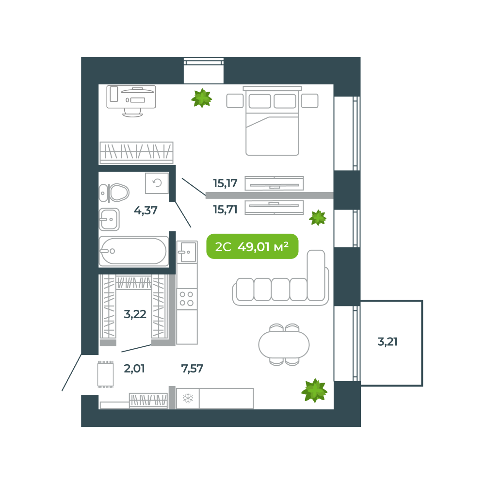 2-комнатная, 49.01 м², № 69 в Botanica (Ботаника)