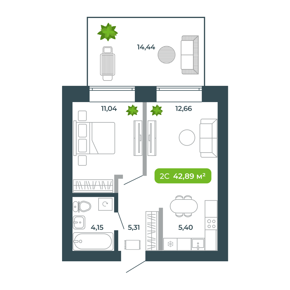 2-комнатная, 42.89 м², № 61 в Botanica (Ботаника)
