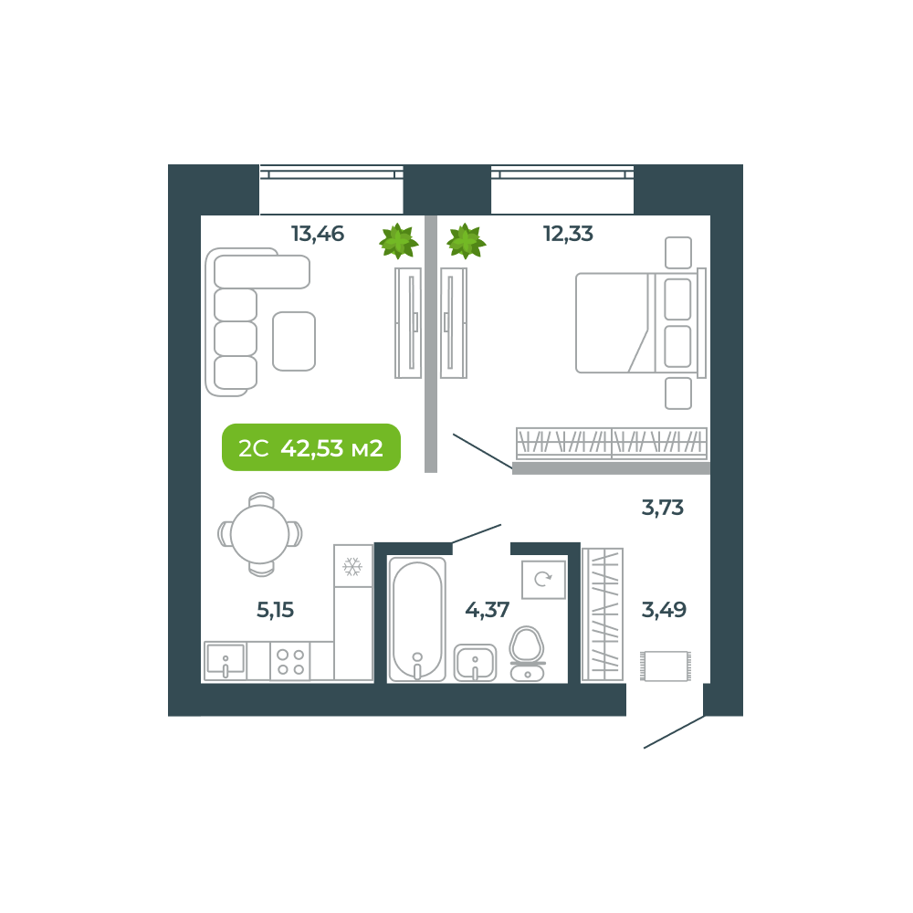 2-комнатная, 42.53 м², № 52 в Botanica (Ботаника)