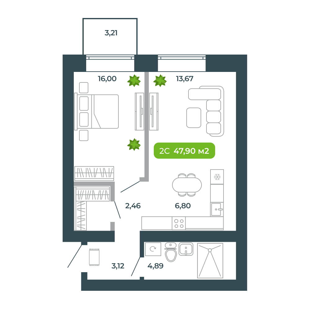 2-комнатная, 47.9 м², № 41 в Botanica (Ботаника)