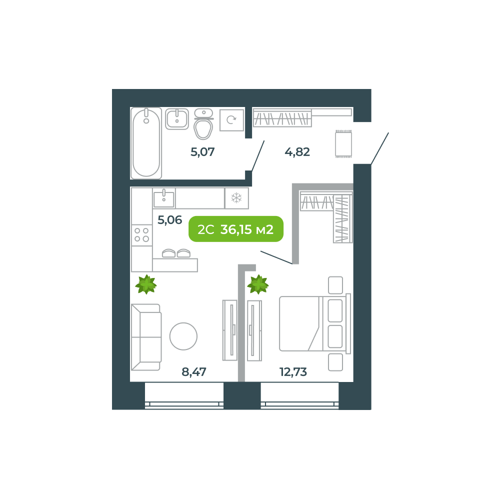 2-комнатная, 36.15 м², № 79 в Botanica (Ботаника)