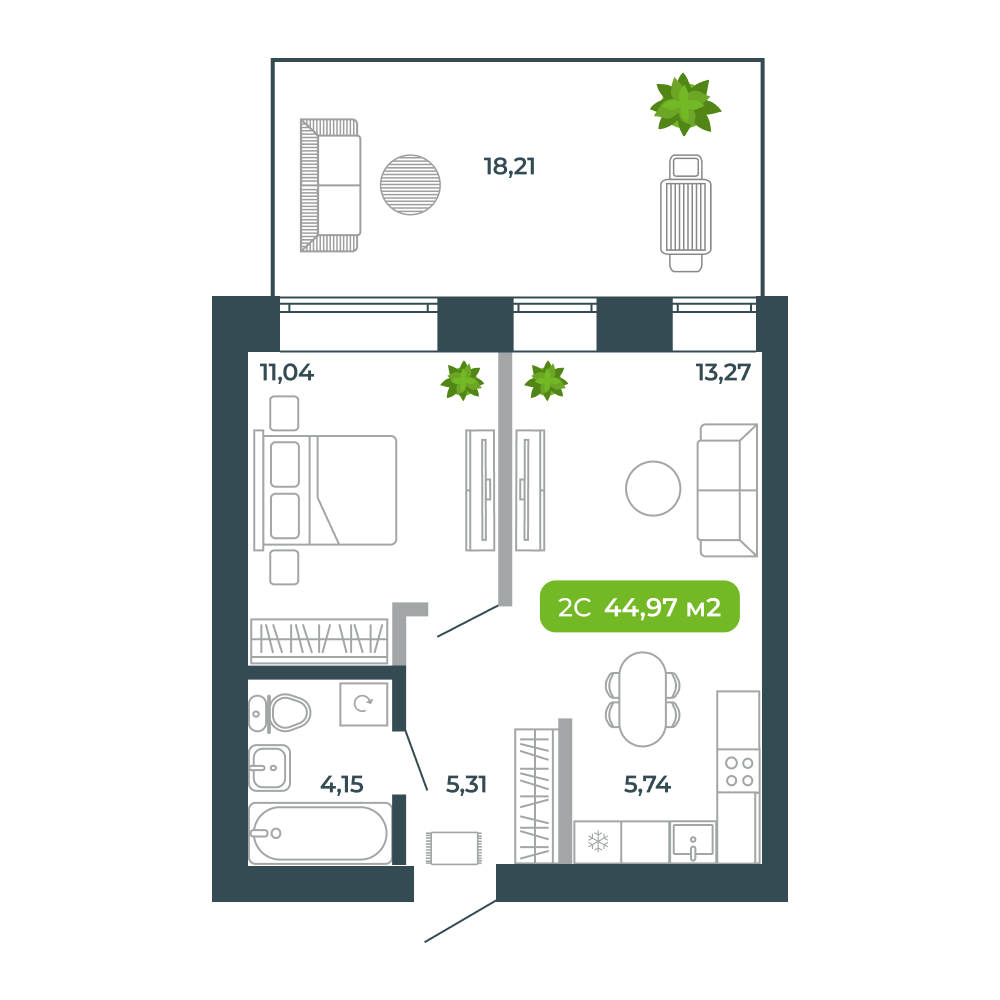 2-комнатная, 44.97 м², № 4 в Botanica (Ботаника)