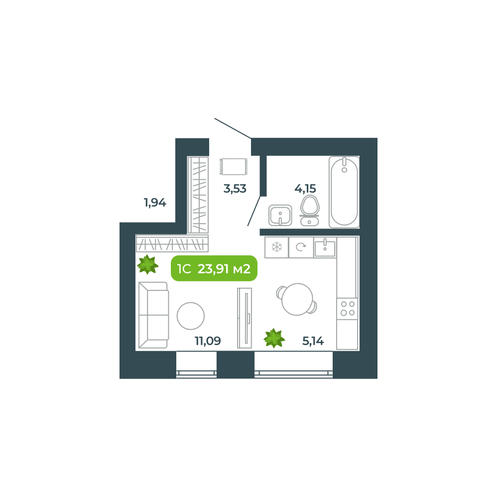 Студия, 23.91 м², № 7 в Botanica (Ботаника)