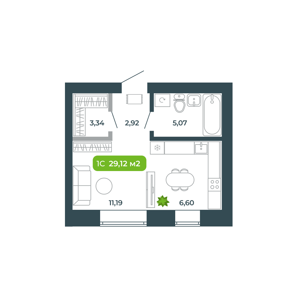 Студия, 29.12 м², № 50 в Botanica (Ботаника)