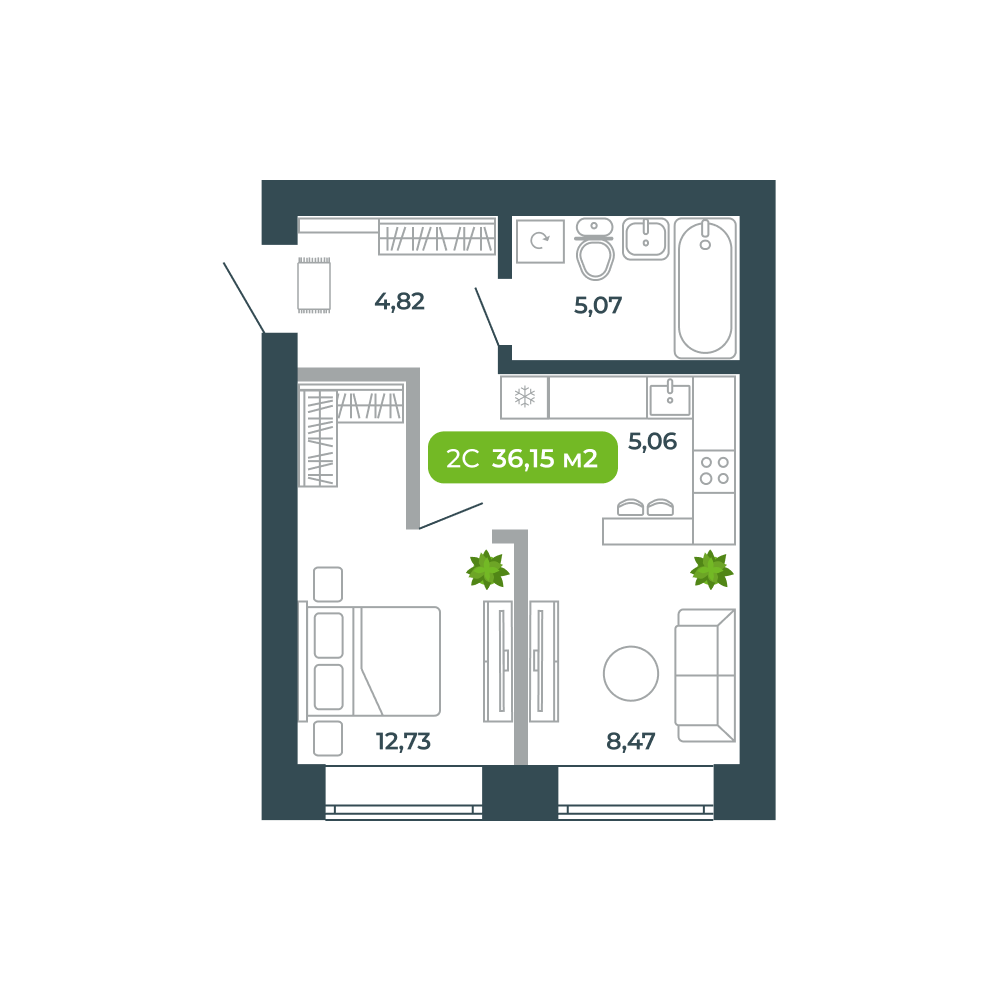2-комнатная, 36.15 м², № 27 в Botanica (Ботаника)