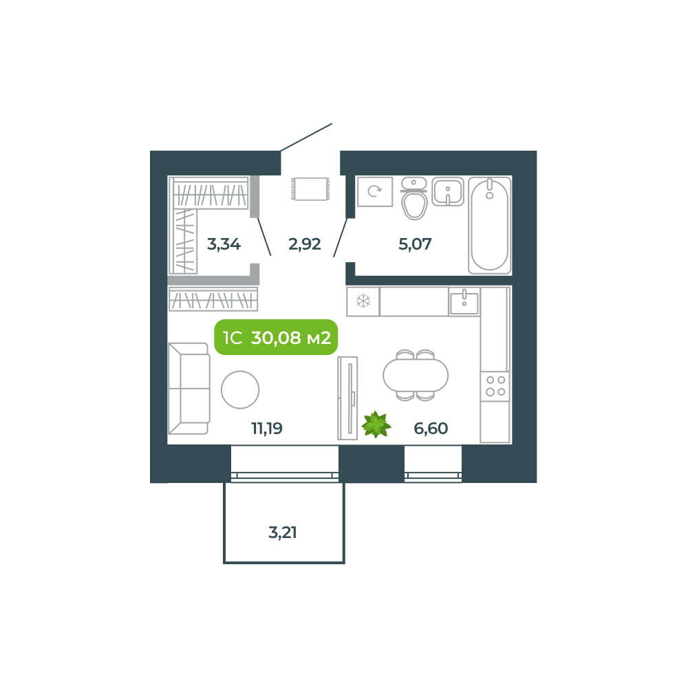 Студия, 30.08 м², № 43 в Botanica (Ботаника)