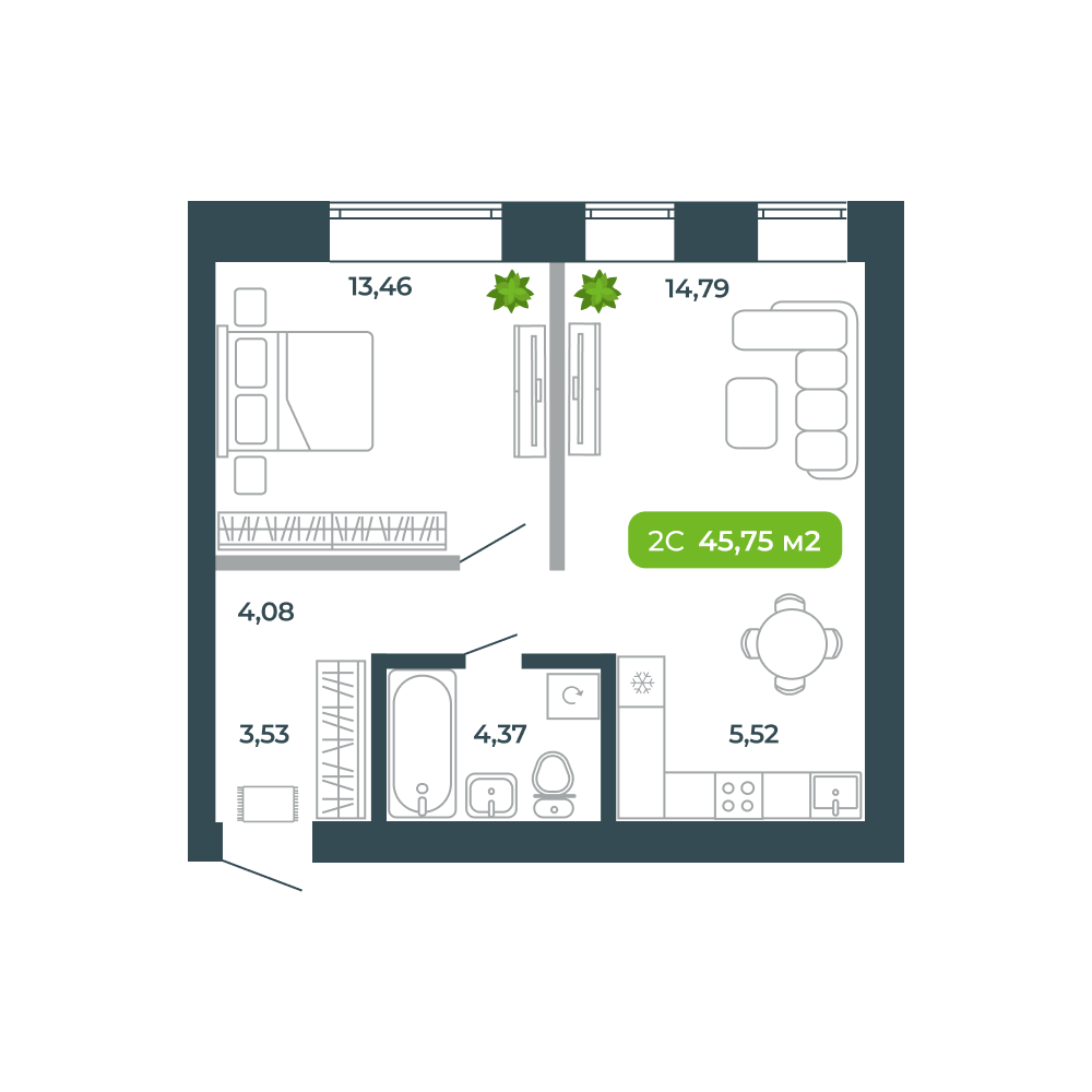 2-комнатная, 45.75 м², № 26 в Botanica (Ботаника)