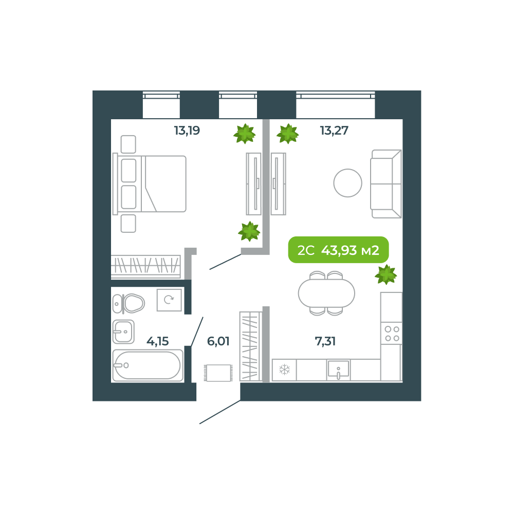 2-комнатная, 43.93 м², № 54 в Botanica (Ботаника)