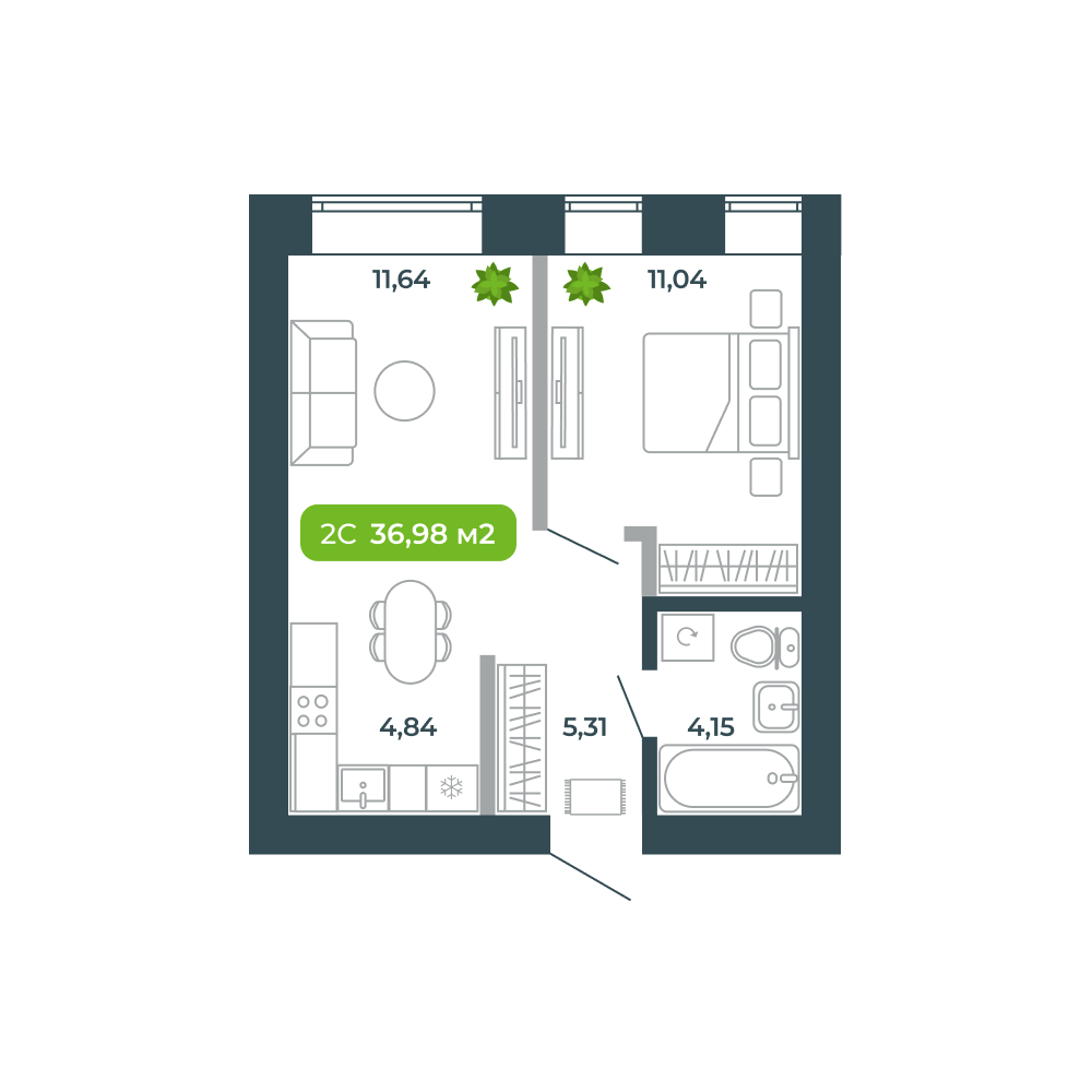 2-комнатная, 36.98 м², № 53 в Botanica (Ботаника)