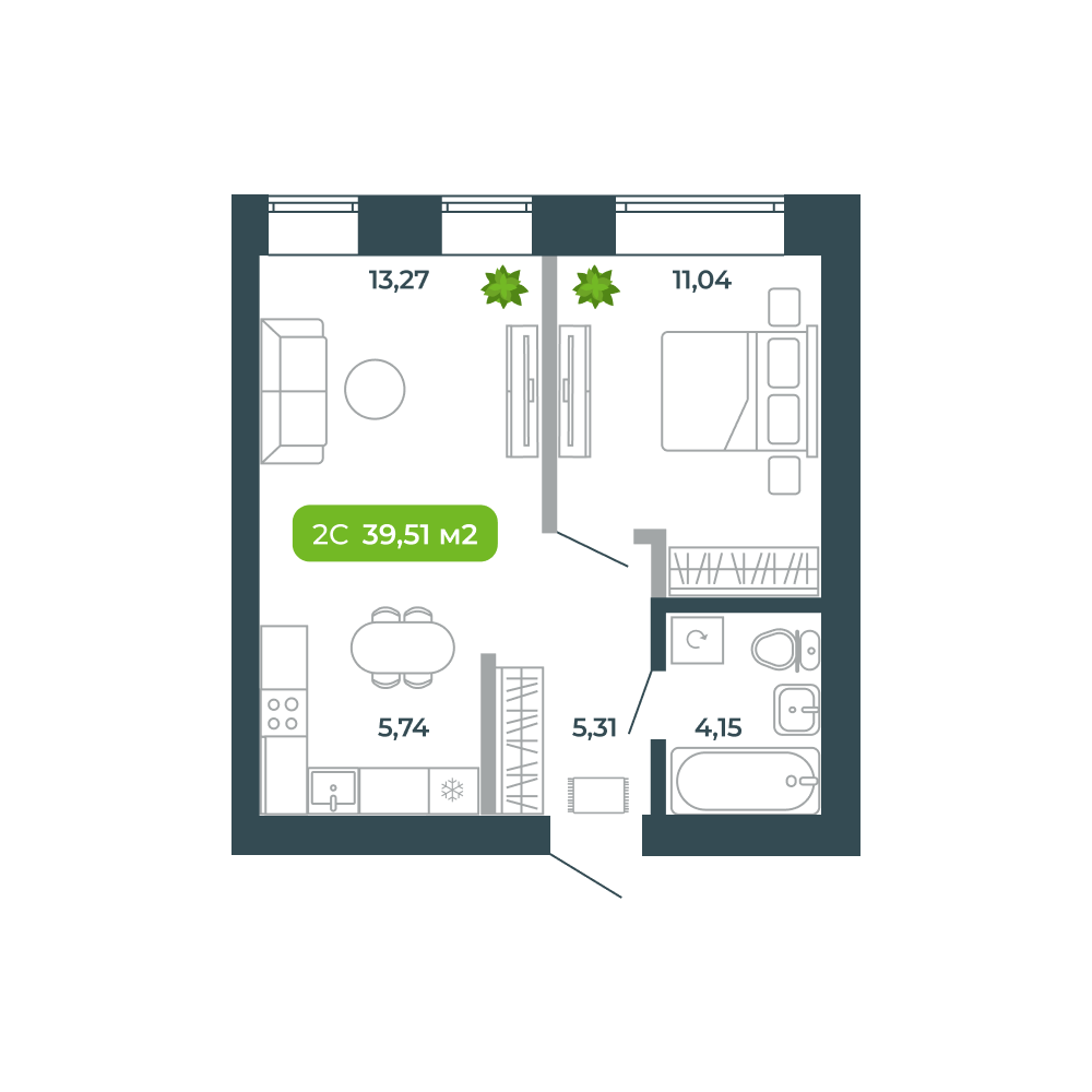 2-комнатная, 39.51 м², № 81 в Botanica (Ботаника)