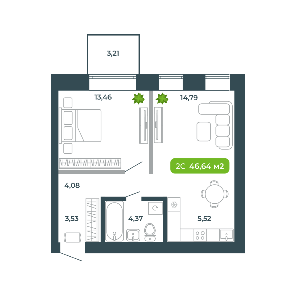2-комнатная, 46.64 м², № 19 в Botanica (Ботаника)