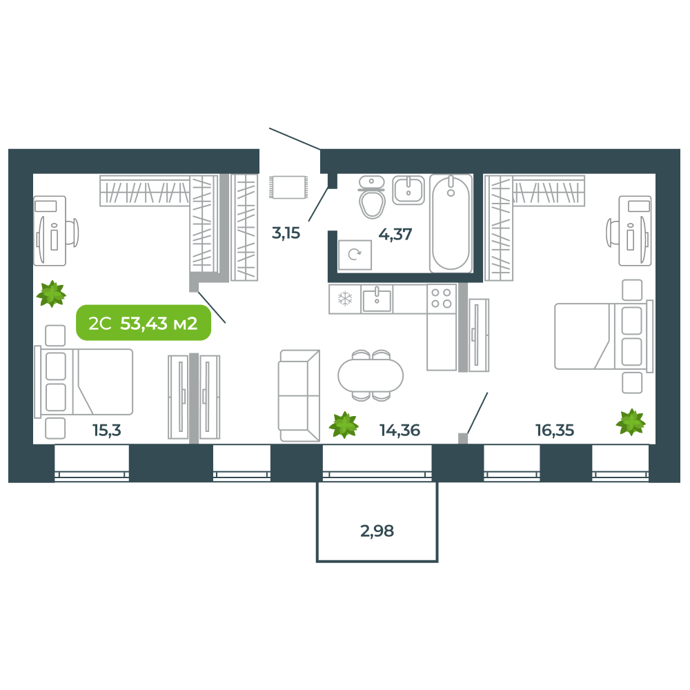 2-комнатная, 53.42 м², № 49 в Botanica (Ботаника)