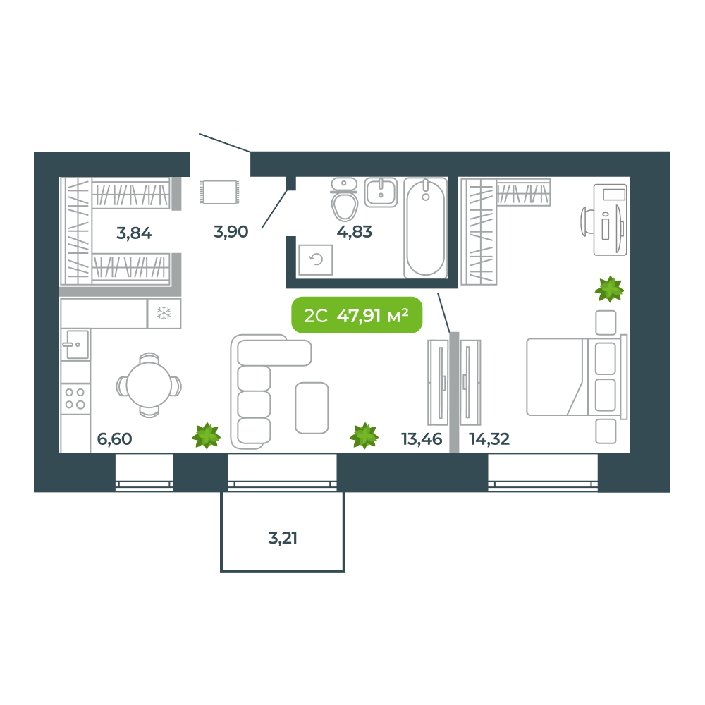 2-комнатная, 47.91 м², № 70 в Botanica (Ботаника)
