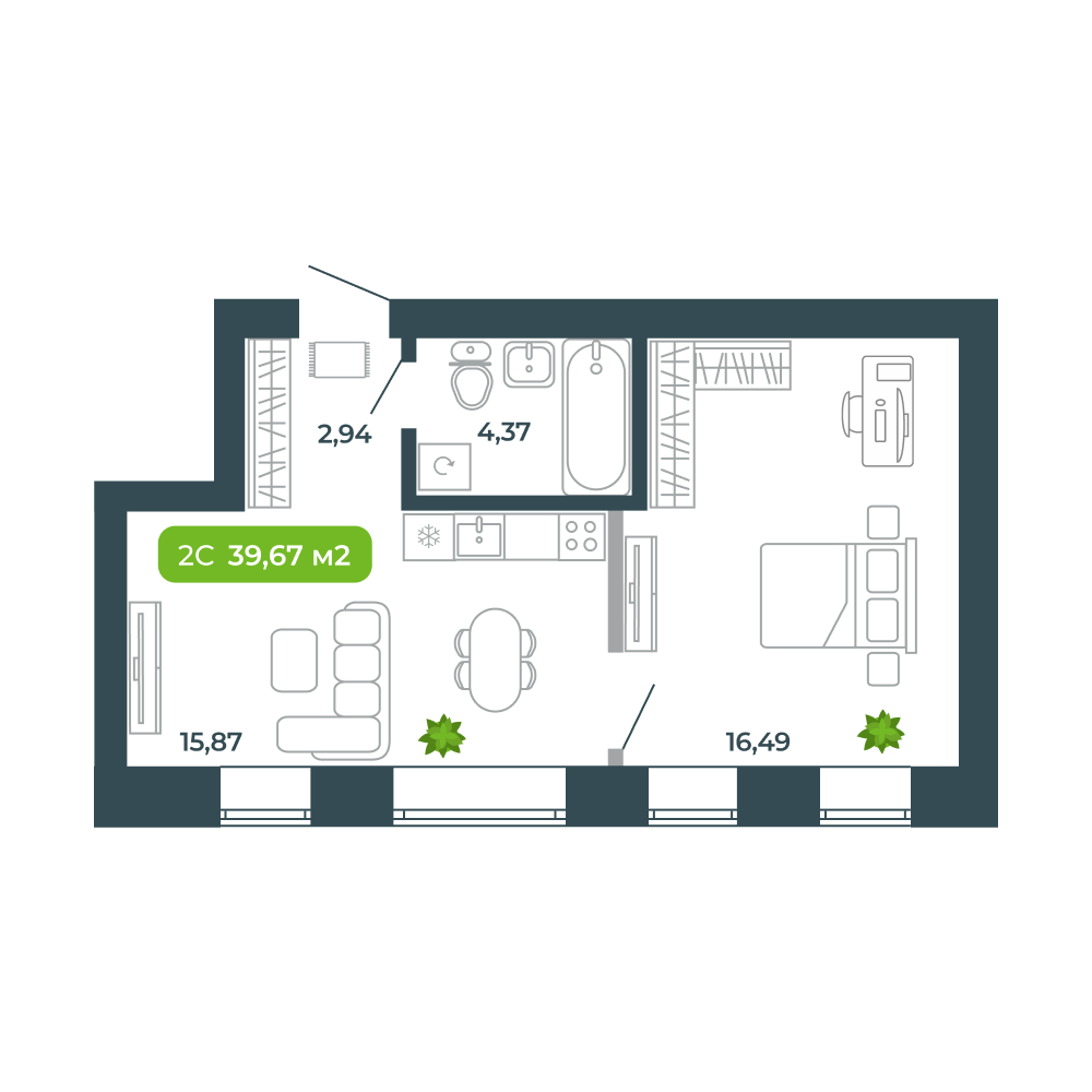 2-комнатная, 39.67 м², № 35 в Botanica (Ботаника)