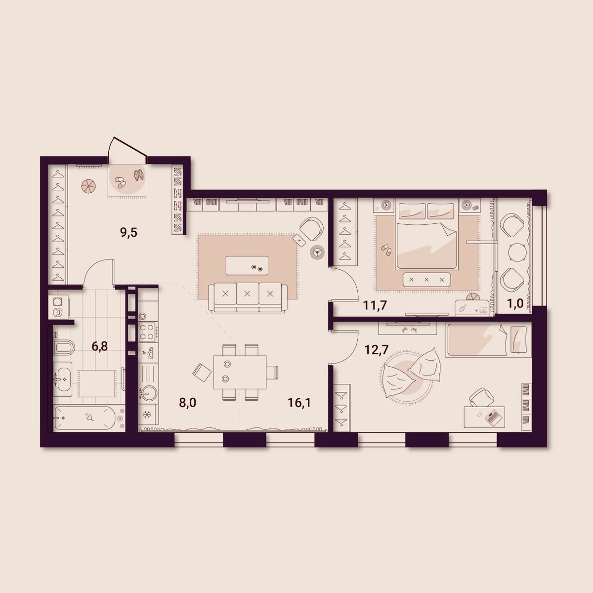 2-комнатная, 65.75 м², № 2112 в Шоколад