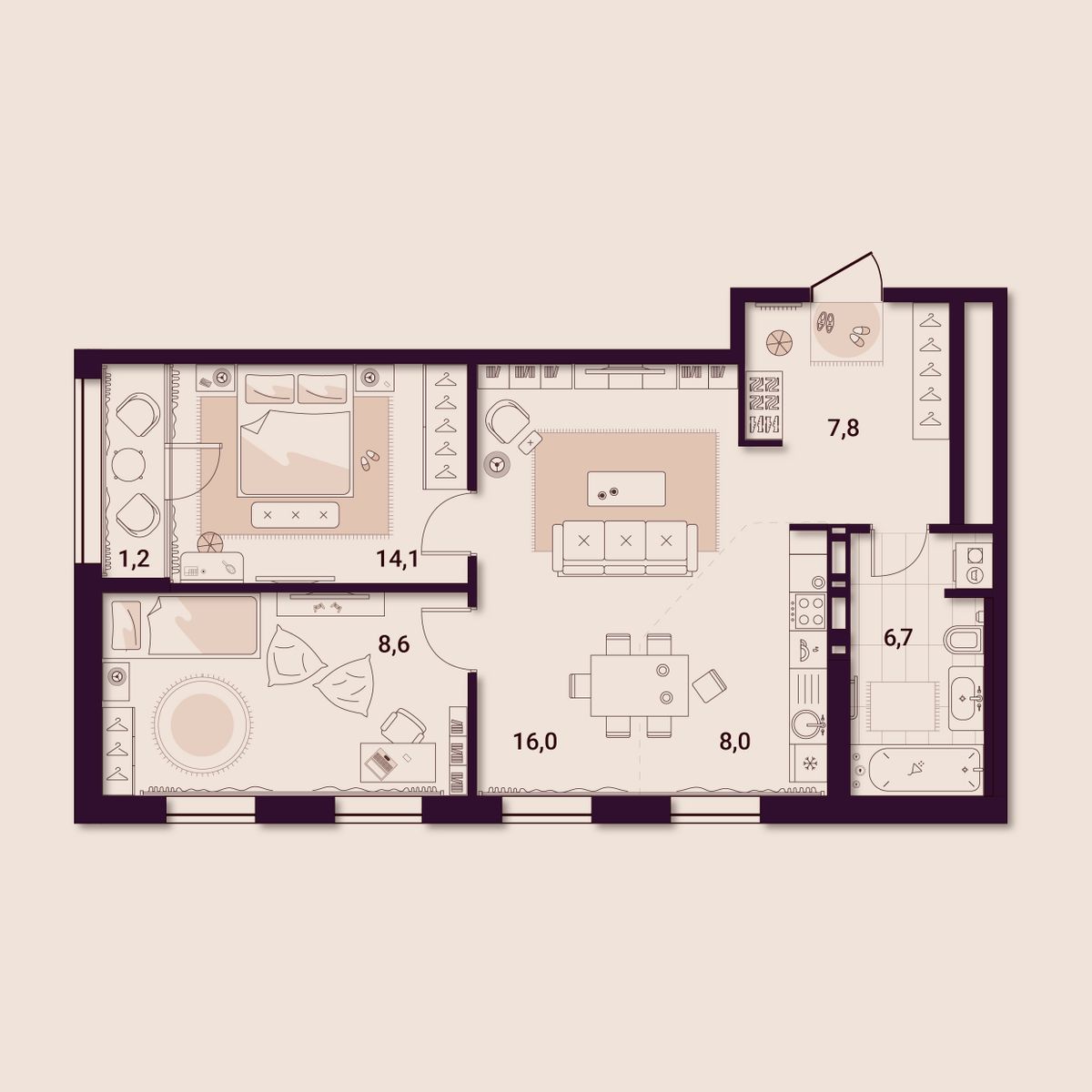 2-комнатная, 65.75 м², № 301 в Шоколад