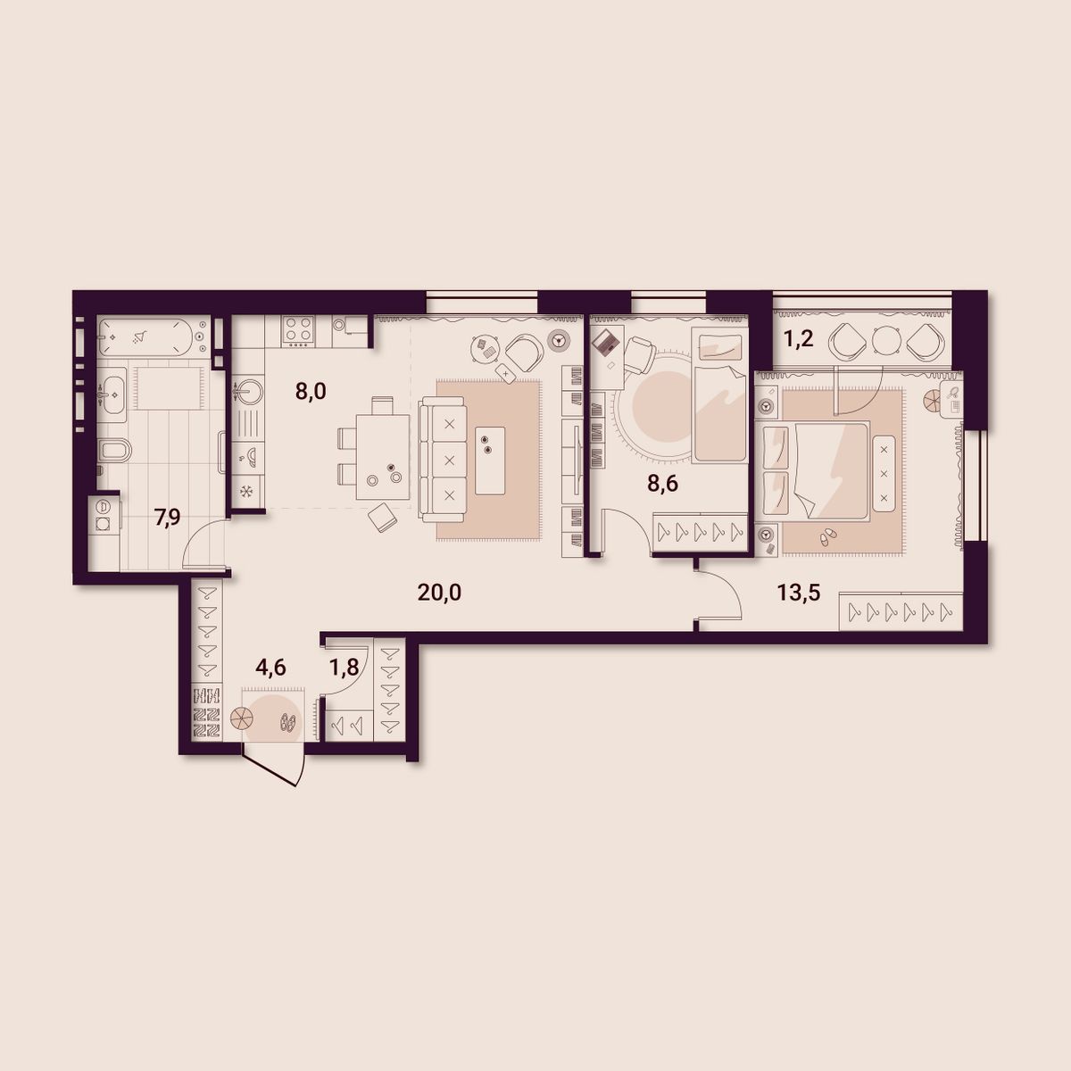 2-комнатная, 65.61 м², № 507 в Шоколад