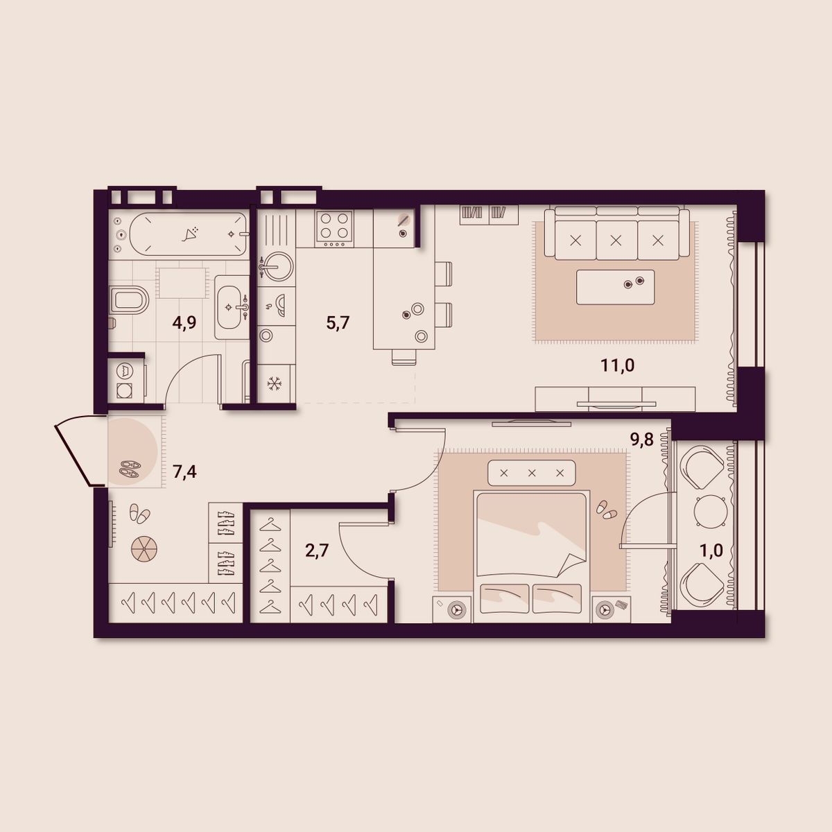 1-комнатная, 42.52 м², № 2511 в Шоколад