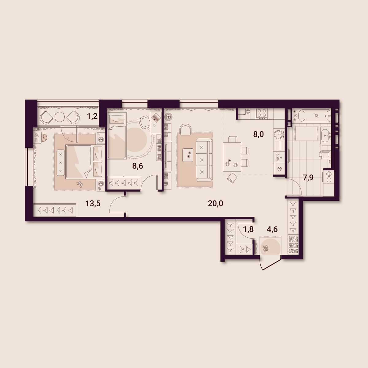 2-комнатная, 65.61 м², № 506 в Шоколад