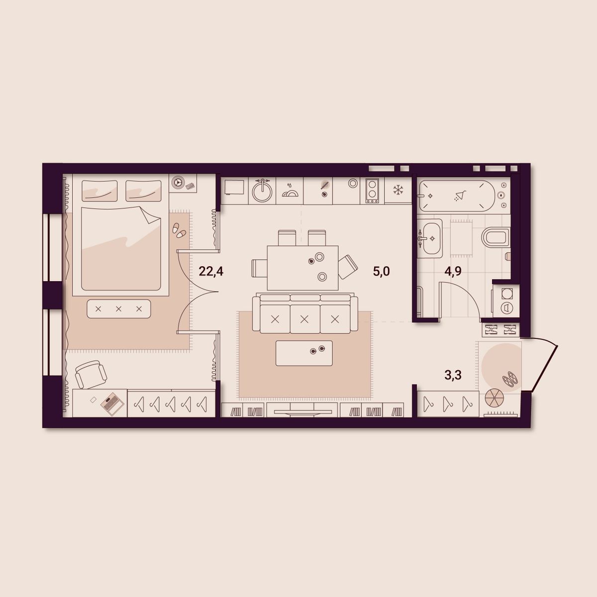 1-комнатная, 35.76 м², № 604 в Шоколад
