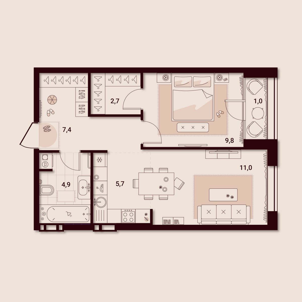 1-комнатная, 42.52 м², № 908 в Шоколад