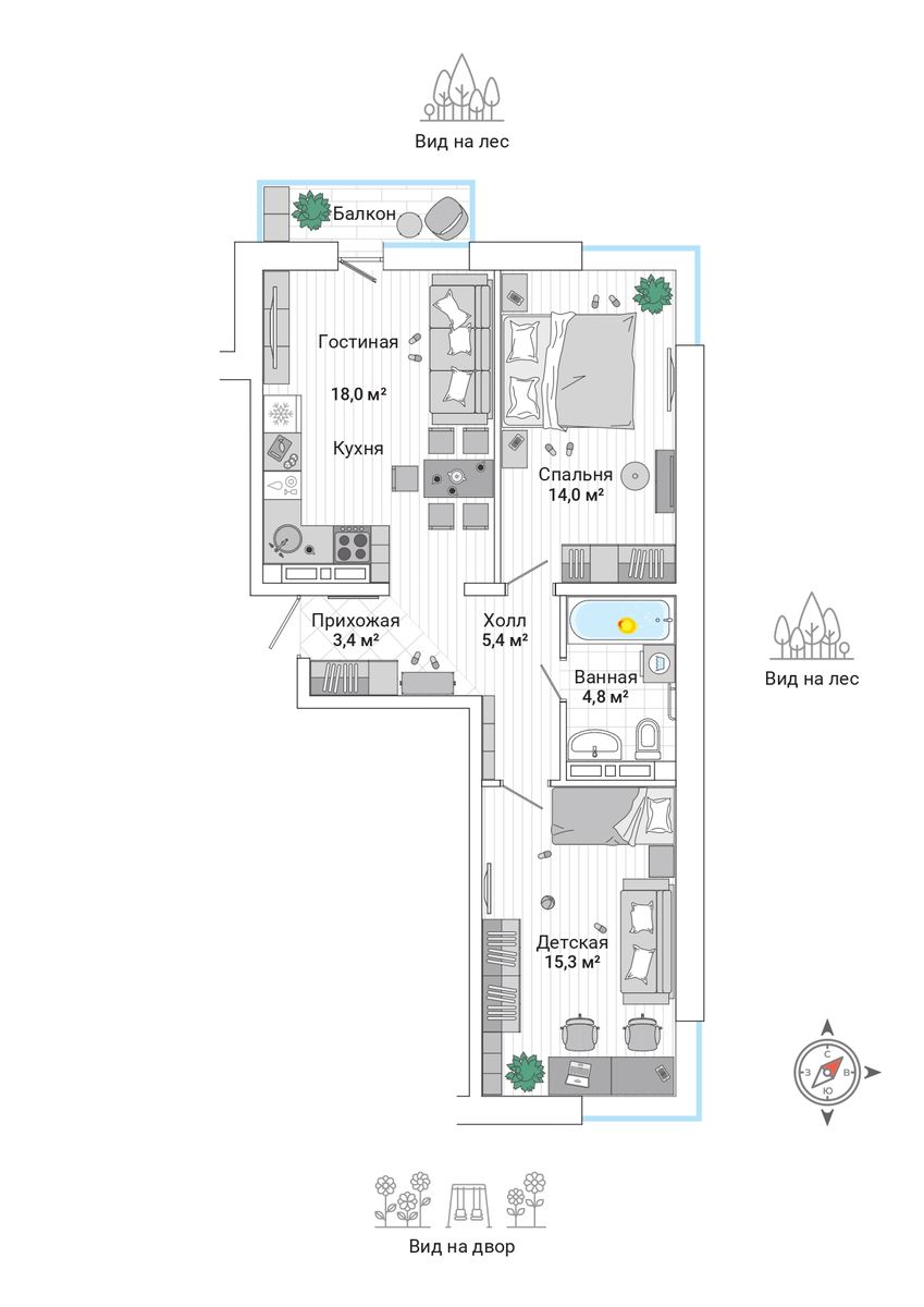 3-комнатная, 62 м², № 6 в Greenwood (Гринвуд)