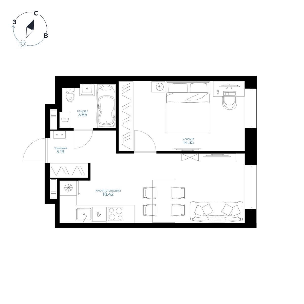 1-комнатная, 41.81 м², № 226 в Каскада