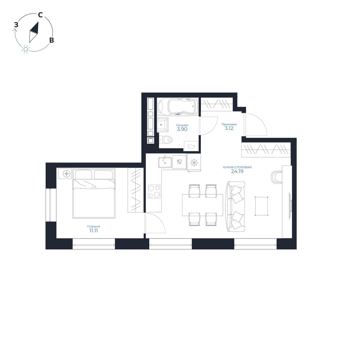 1-комнатная, 42.31 м², № 195 в Каскада