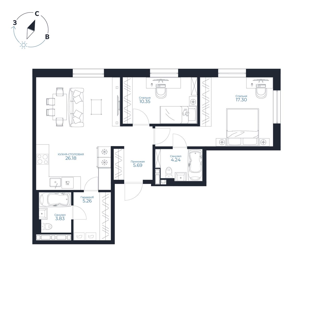 2-комнатная, 72.84 м², № 152 в Каскада