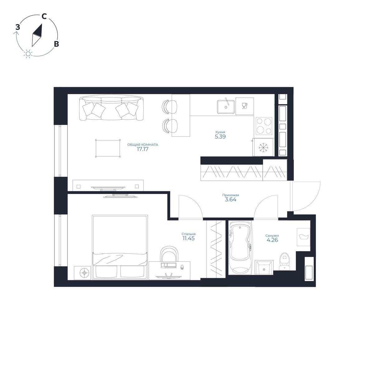 1-комнатная, 41.91 м², № 78 в Каскада