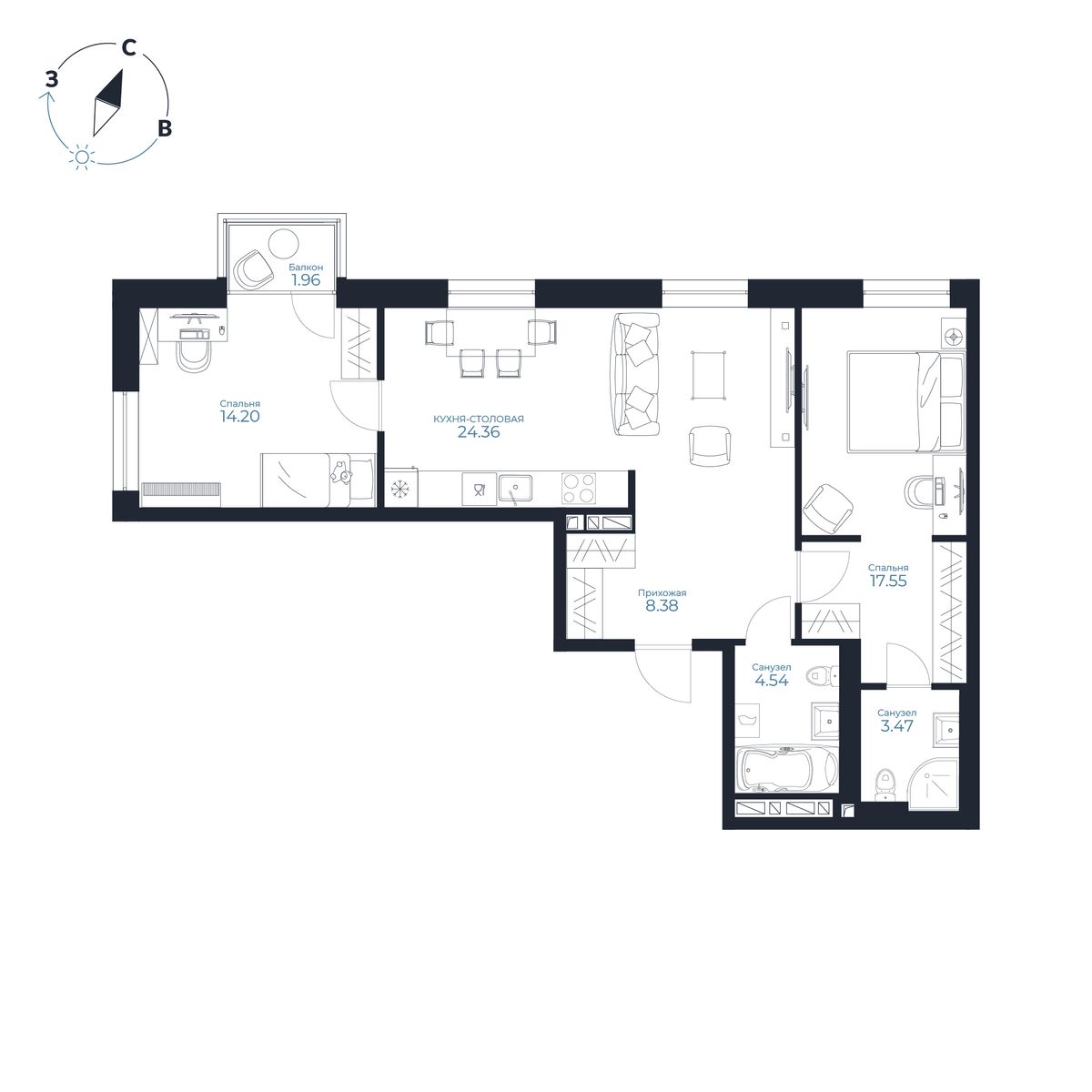 2-комнатная, 73.09 м², № 127 в Каскада