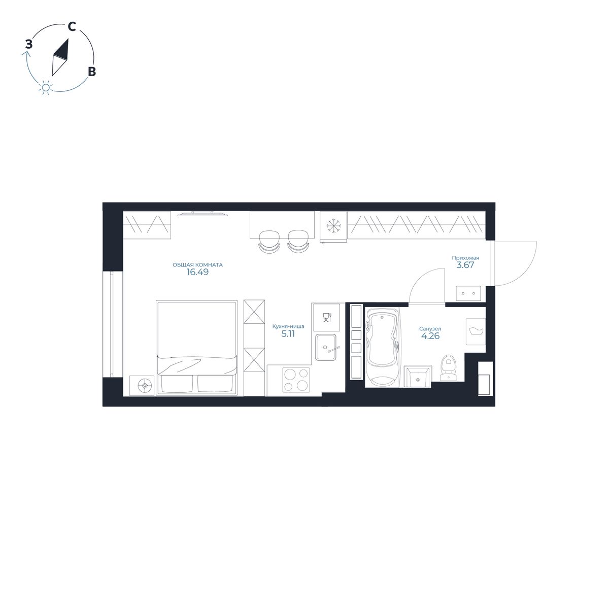 Студия, 29.53 м², № 113 в Каскада