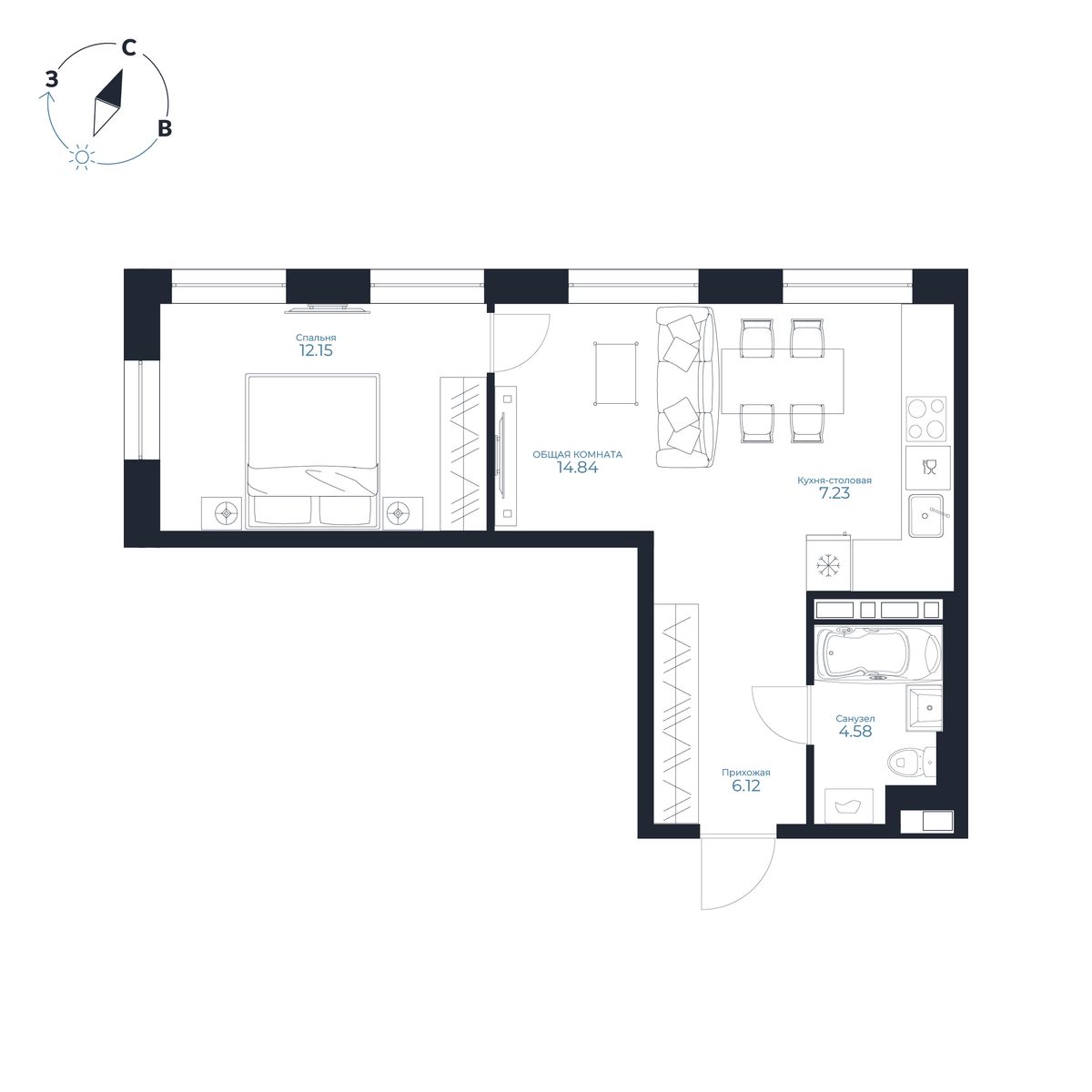 1-комнатная, 44.99 м², № 316 в Каскада