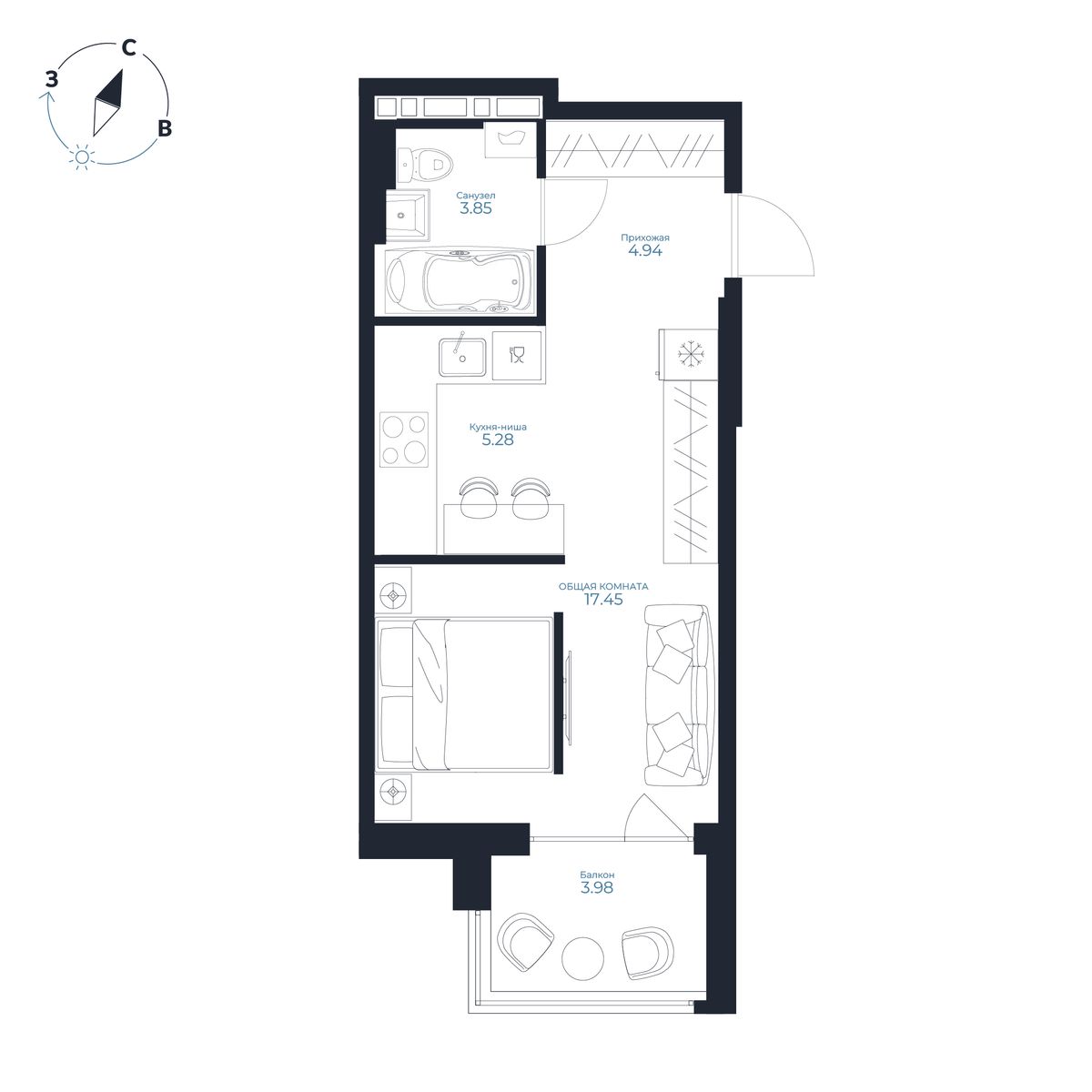 Студия, 32.71 м², № 121 в Каскада