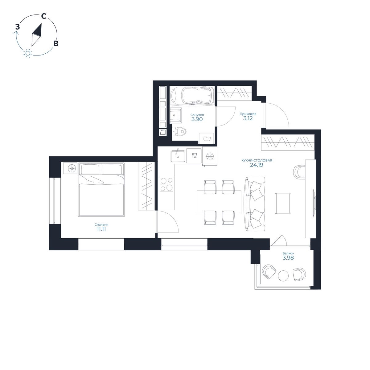 1-комнатная, 43.5 м², № 183 в Каскада