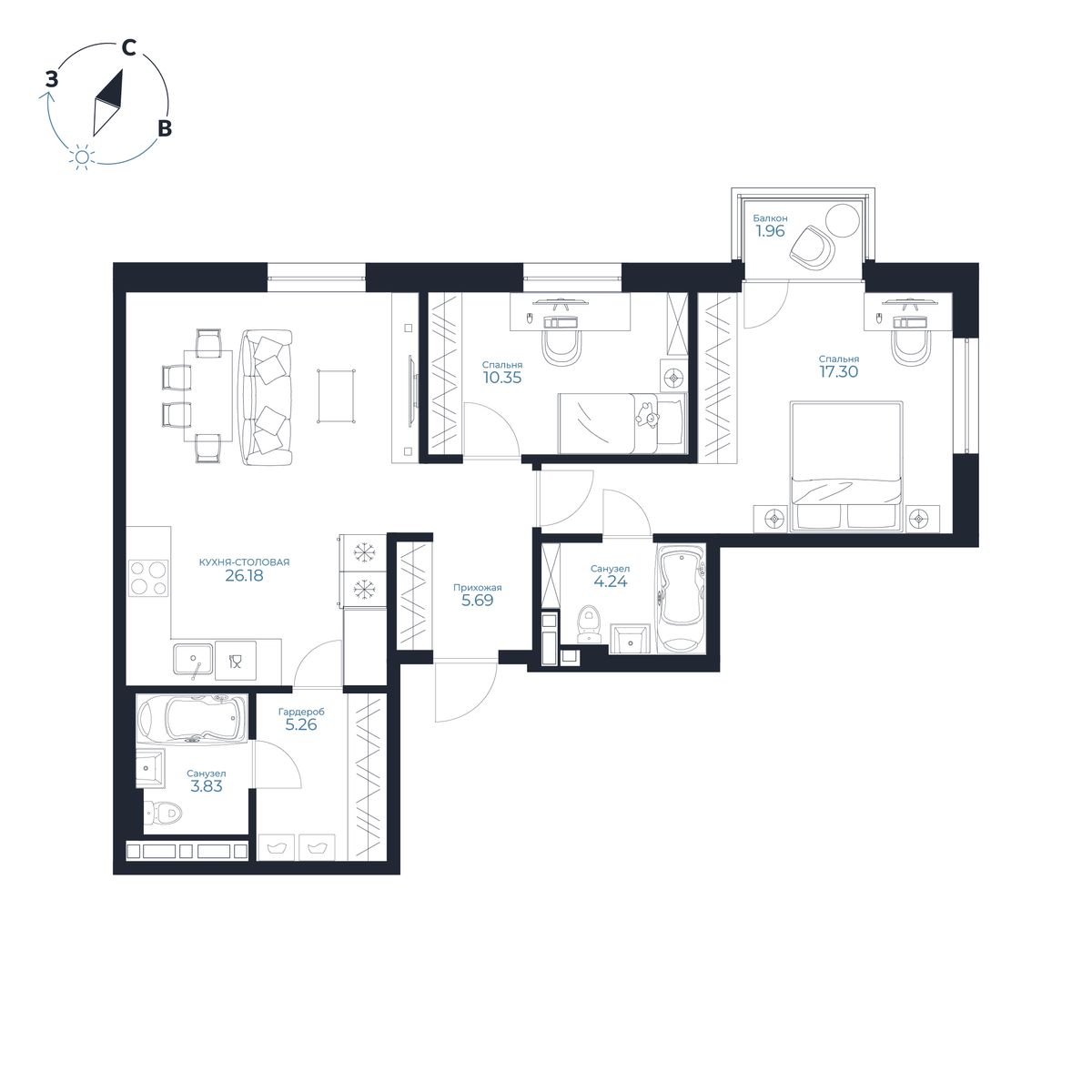 2-комнатная, 73.43 м², № 116 в Каскада