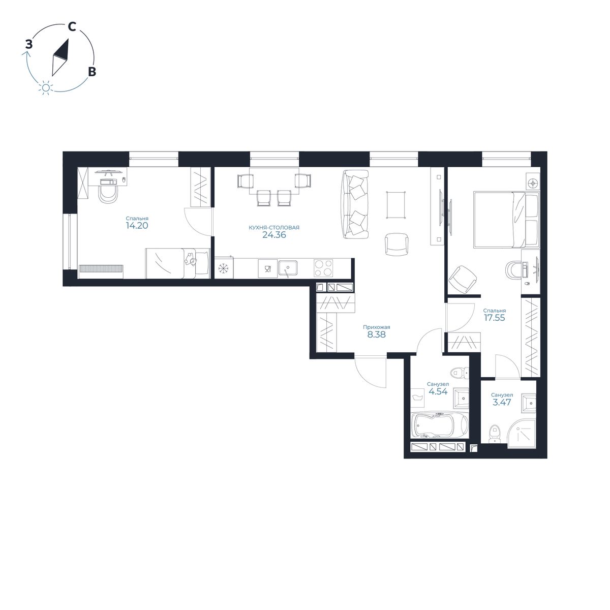 2-комнатная, 72.5 м², № 151 в Каскада