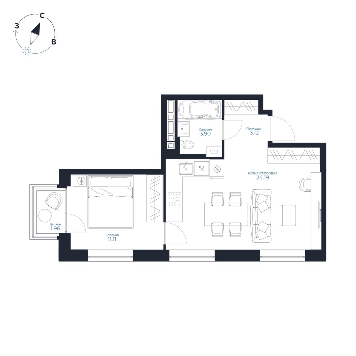 1-комнатная, 42.9 м², № 111 в Каскада