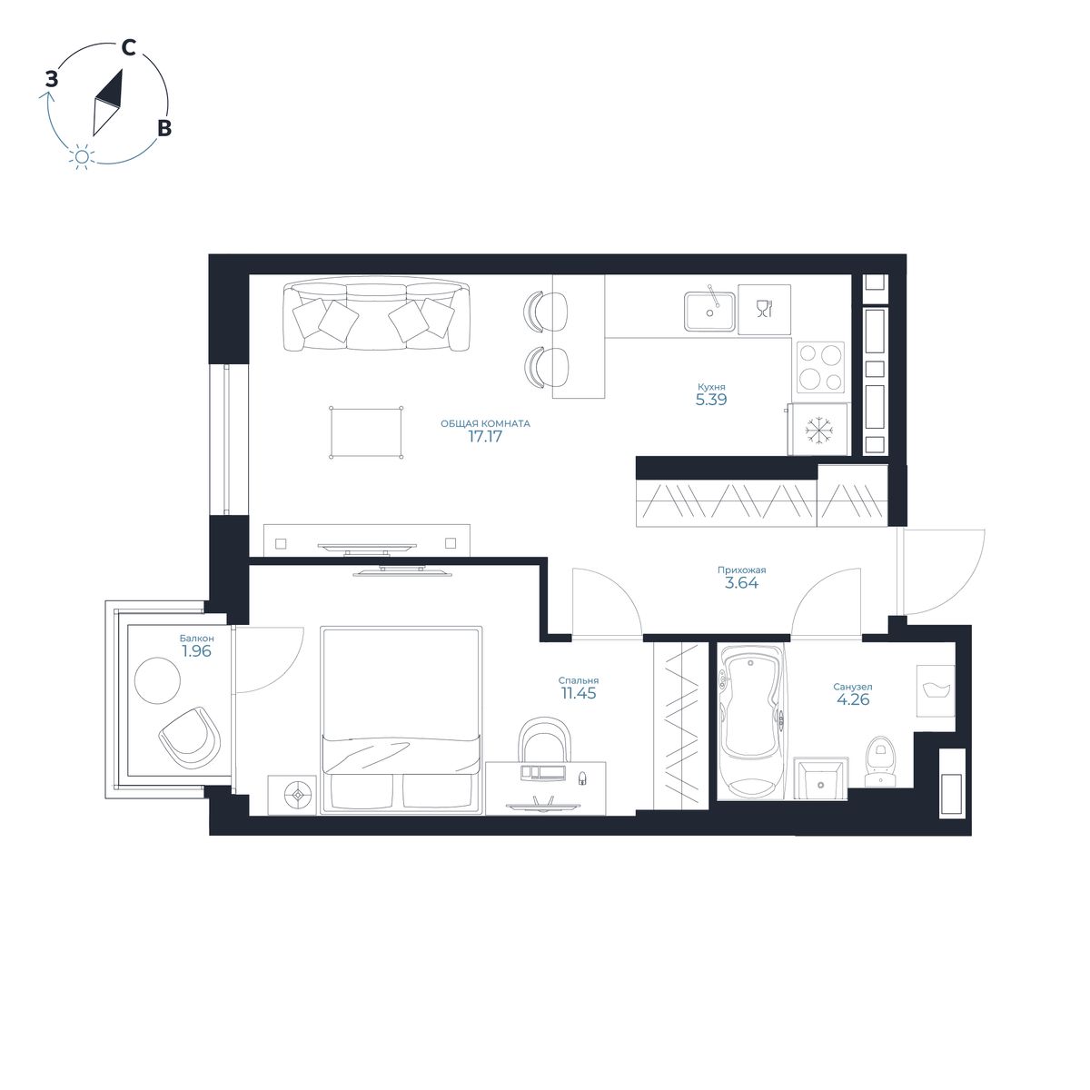1-комнатная, 42.5 м², № 114 в Каскада