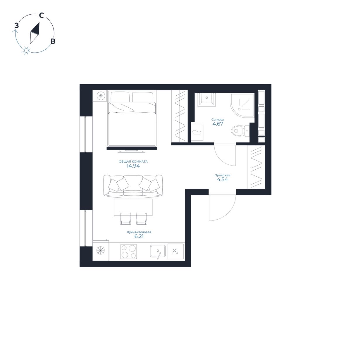 Студия, 30.36 м², № 343 в Каскада