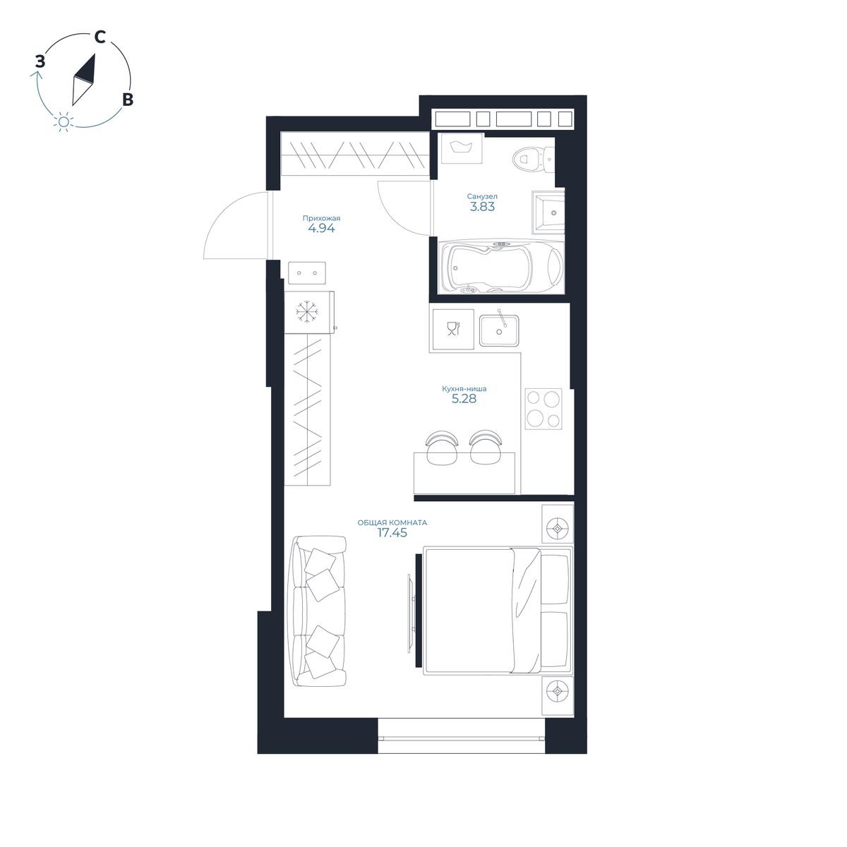 Студия, 31.52 м², № 86 в Каскада