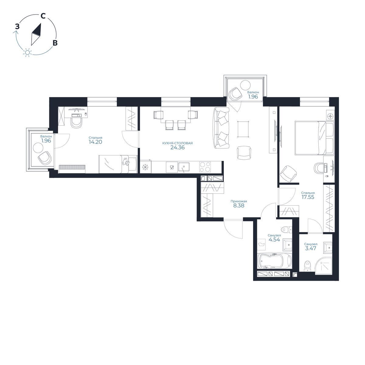2-комнатная, 73.67 м², № 79 в Каскада