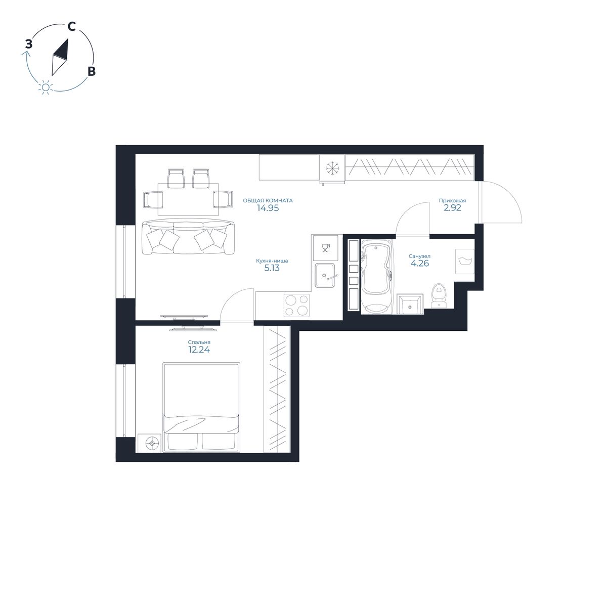 1-комнатная, 39.5 м², № 220 в Каскада