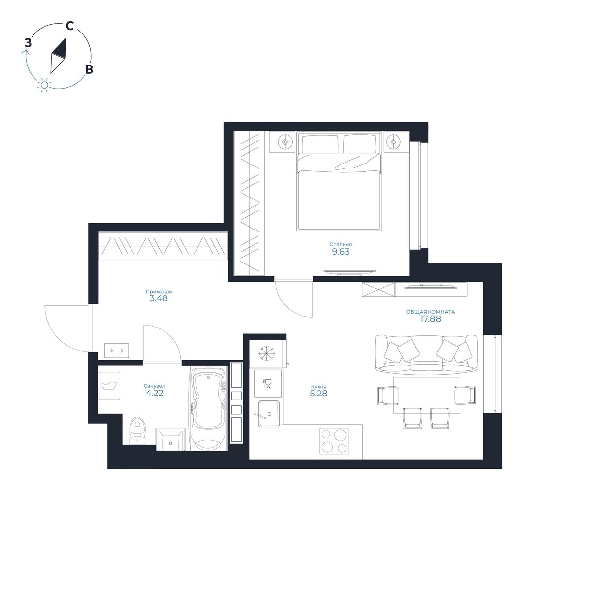 1-комнатная, 40.49 м², № 81 в Каскада